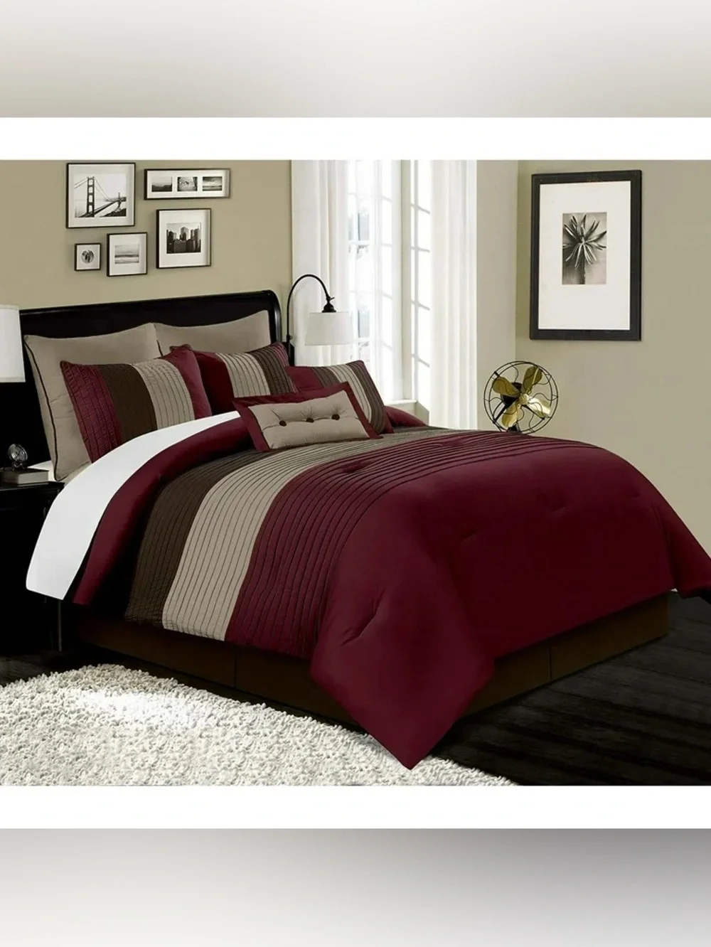 Striped burgundy/brown 3 piece king comforter set